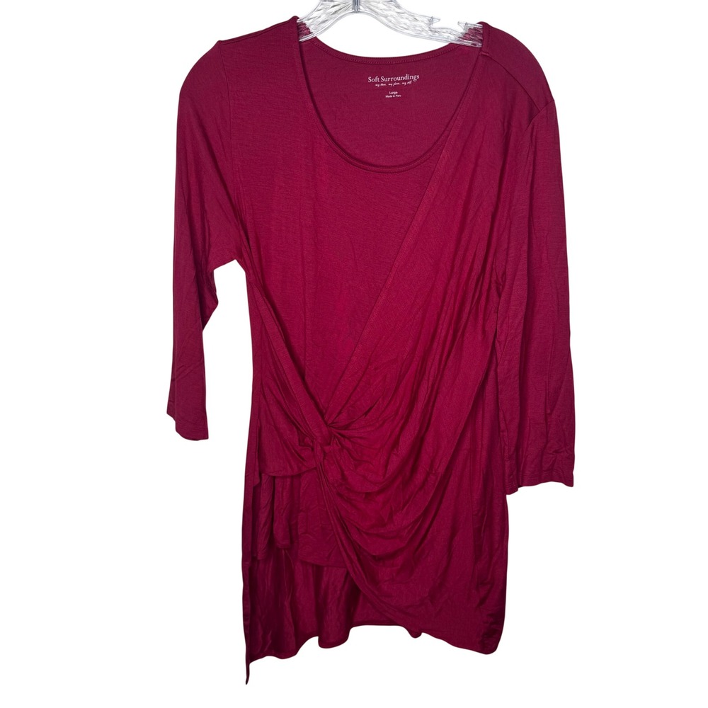 Soft Surroundings Women Large Burgundy‎ Red Twist Front 3/4 Sleeve Tunic Top